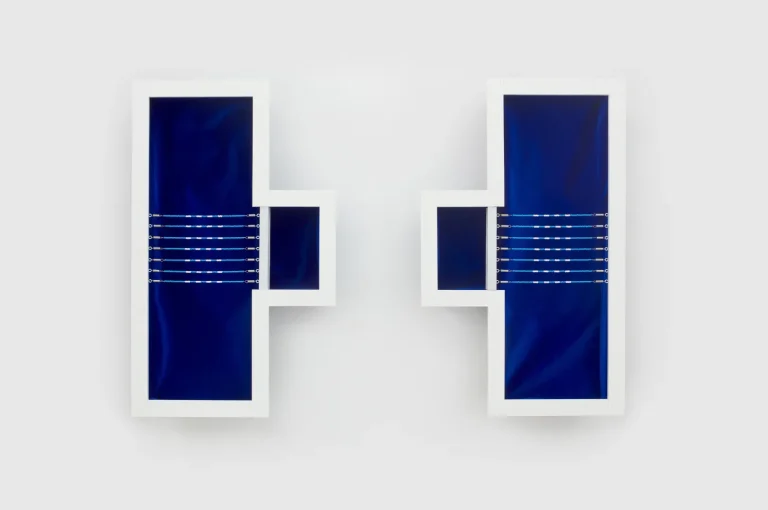 Pools (Public), 2021. Cotton velvet, fir, archival inkjet print on card, acrylic paint, eyelet screws, wire, glass beads, springs, galvanized wire mesh, rubber bands, enamel paint, metallic thread, string, duct tape, paper clips, staples, canvas, plastic straws, garbage bag, tooth picks, drywall tape, grid sticker, bristol board, woodprinted shelf lining, metal grommets, MDF, screws, sequins, leather, hot glue. Courtesy of the artist and Unit 17. Photo by Phoebe D’Heurle