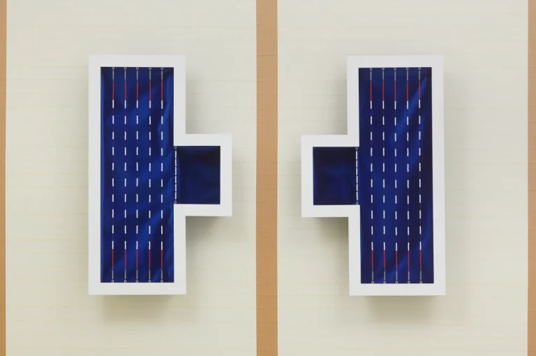 Pools (Public), 2021. Cotton velvet, fir, archival inkjet print on card, acrylic paint, eyelet screws, wire, glass beads, springs, galvanized wire mesh, rubber bands, enamel paint, metallic thread, string, duct tape, paper clips, staples, canvas, plastic straws, garbage bag, tooth picks, drywall tape, grid sticker, bristol board, woodprinted shelf lining, metal grommets, MDF, screws, sequins, leather, hot glue. Courtesy of the artist and Unit 17. Photo by Phoebe D’Heurle