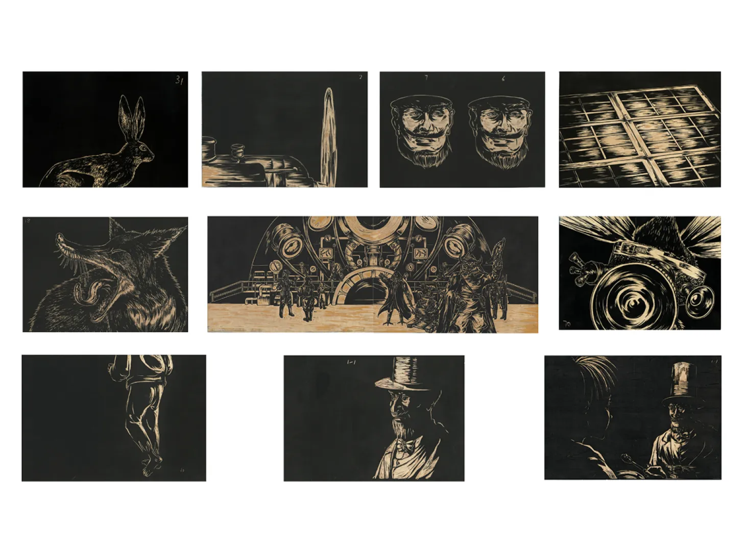 Sun Xun, Original Animation Drawings of ‘Magic Atlas’ – Luocha, 2022 Coloured woodblock relief, 10 pieces: 30 × 45 cm (×3), 29.5 × 42 cm (×6), 29.5 × 84 cm. Courtesy of the artist