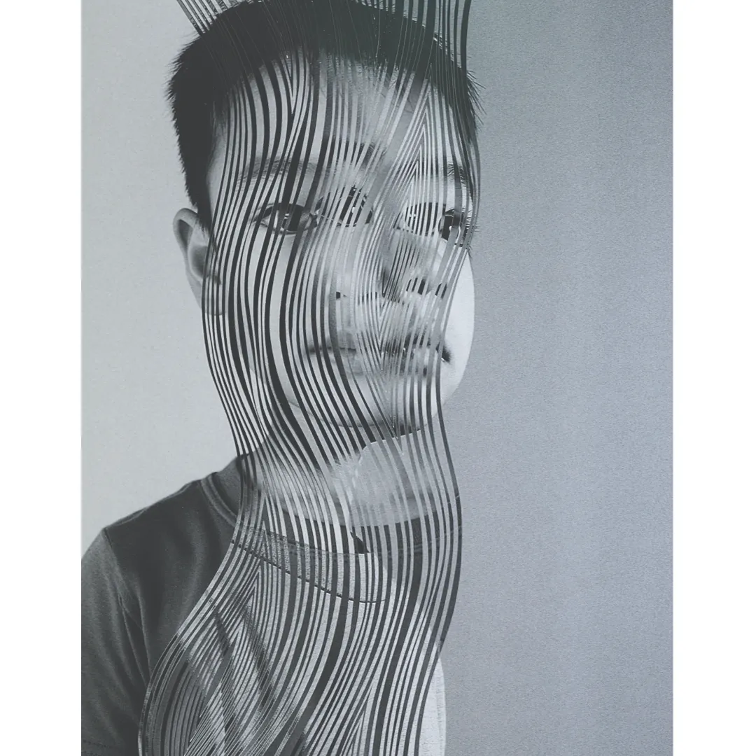 Wonkyo Choi, Luminous Eyes on a Round Face #03, 2024 Hand carving on digital print, 26 × 34.5 cm. Courtesy of the artist